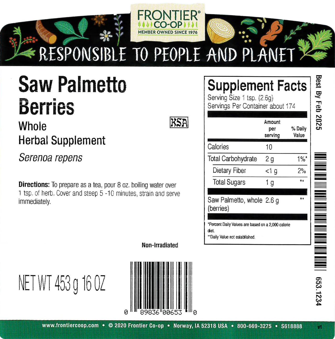 Frontier Co-op Saw Palmetto Berries, 1lb Bulk Bag - Whole, Wildcrafted Berries - Rich in Fatty Acids - Ideal for Saw Palmetto Tea and Healthy Recipes