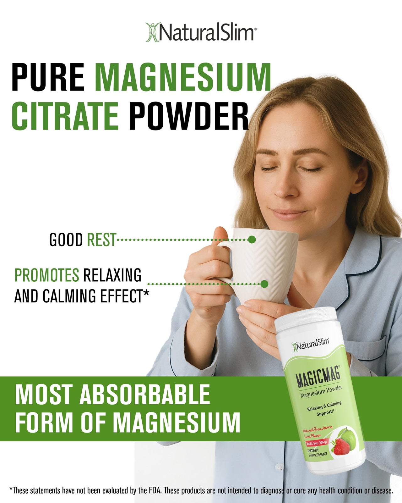 NaturalSlim MagicMag Magnesium Citrate Powder Drink for Relaxation, Stress, Constipation, Better Rest & Digestive Health, Magnesium Supplement for Women and Men, Strawberry & Lime Flavored 8oz