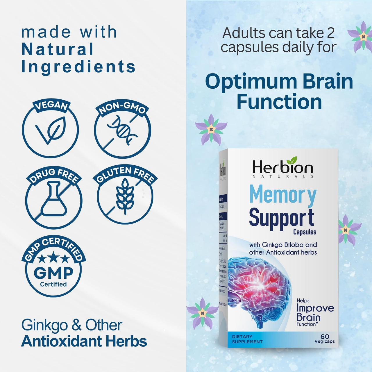 HERBION Naturals Memory Support Capsules, Helps Improve Brain Function & Absent Mindedness, Maintains Healthy Mood Levels with Ginkgo Biloba, for Adults, 60 Count, Pack of 1