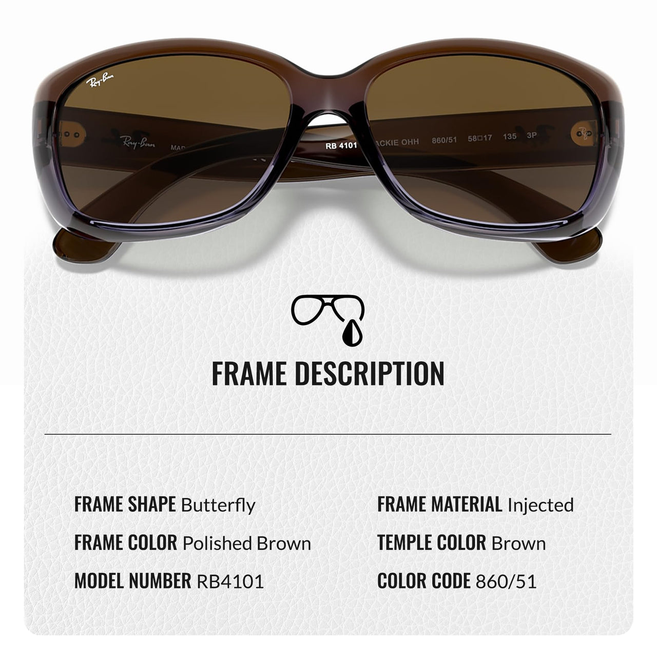 Ray-Ban RB4101 JACKIE OHH Butterfly Shaped Non-Polarized Sunglasses for Women – Includes Official RAYBAN Eyewear Kit – Ideal Formal & Casual Wear Sunglasses – Brown Gradient Lens