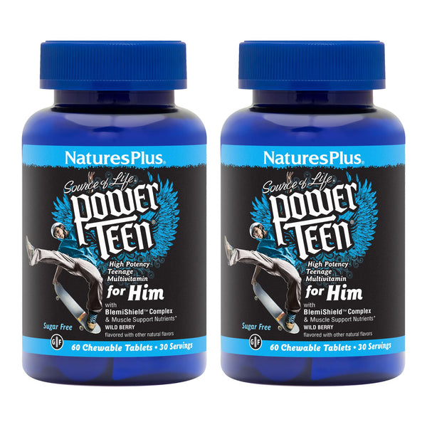 NaturesPlus Source of Life Power Teen for Him, Wild Berry - 60 Chewable Tablets, Pack of 2 - High Potency Teenage Multivitamin - Gluten Free, Sugar Free - 60 Total Servings
