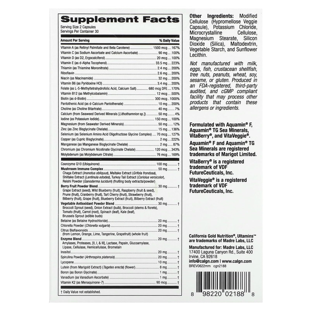 California Gold Nutrition Ultamins Men's Multivitamin with CoQ10, Mushrooms, Enzymes, Veggies & Berries, 60 Veggie Capsules