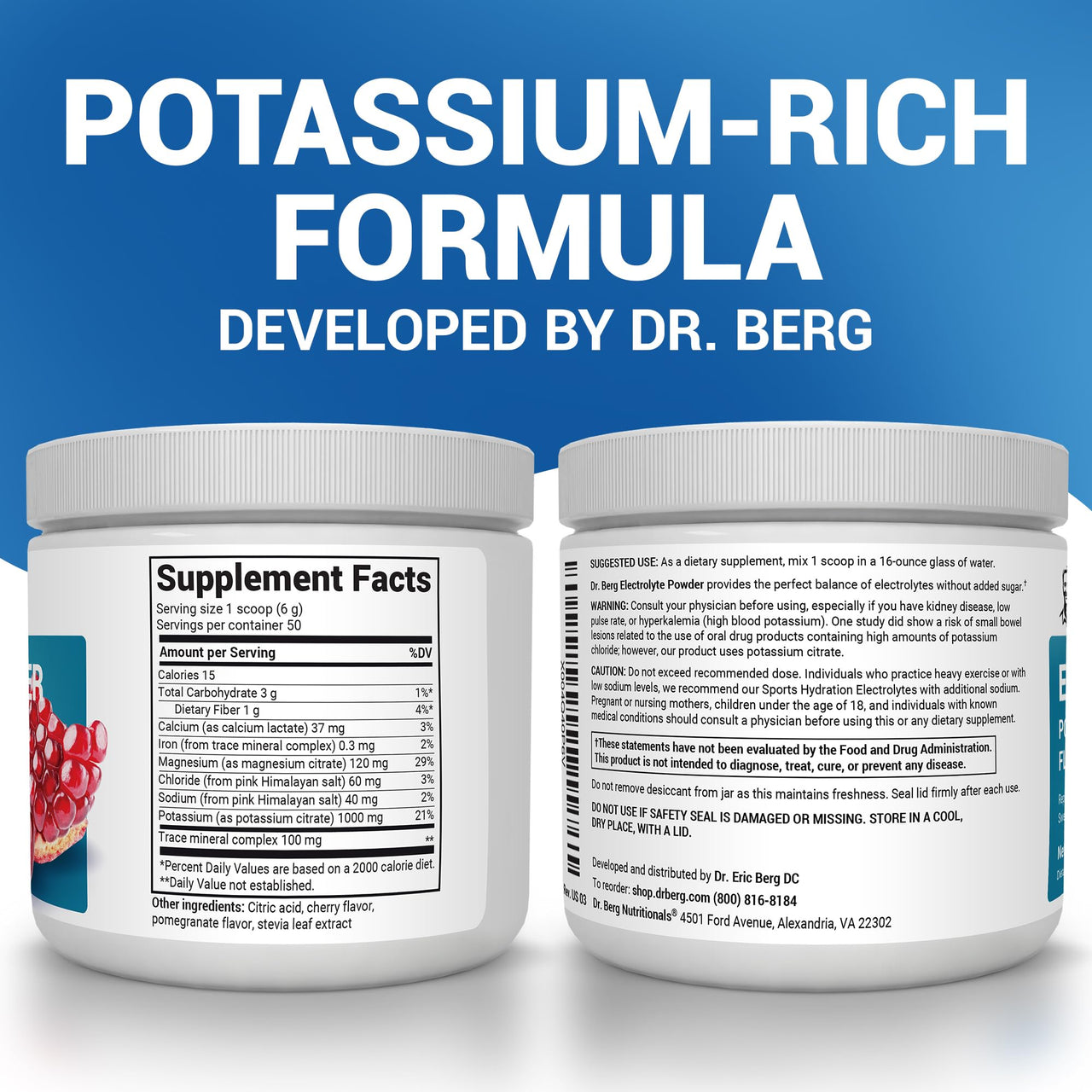 Dr. Berg Zero Sugar Hydration Keto Electrolyte Powder - Enhanced w/ 1000 mg of Potassium & Real Pink Himalayan Salt (NOT Table Salt) - Pomegranate and Cherry Hydration Drink Supplement - 50 Servings