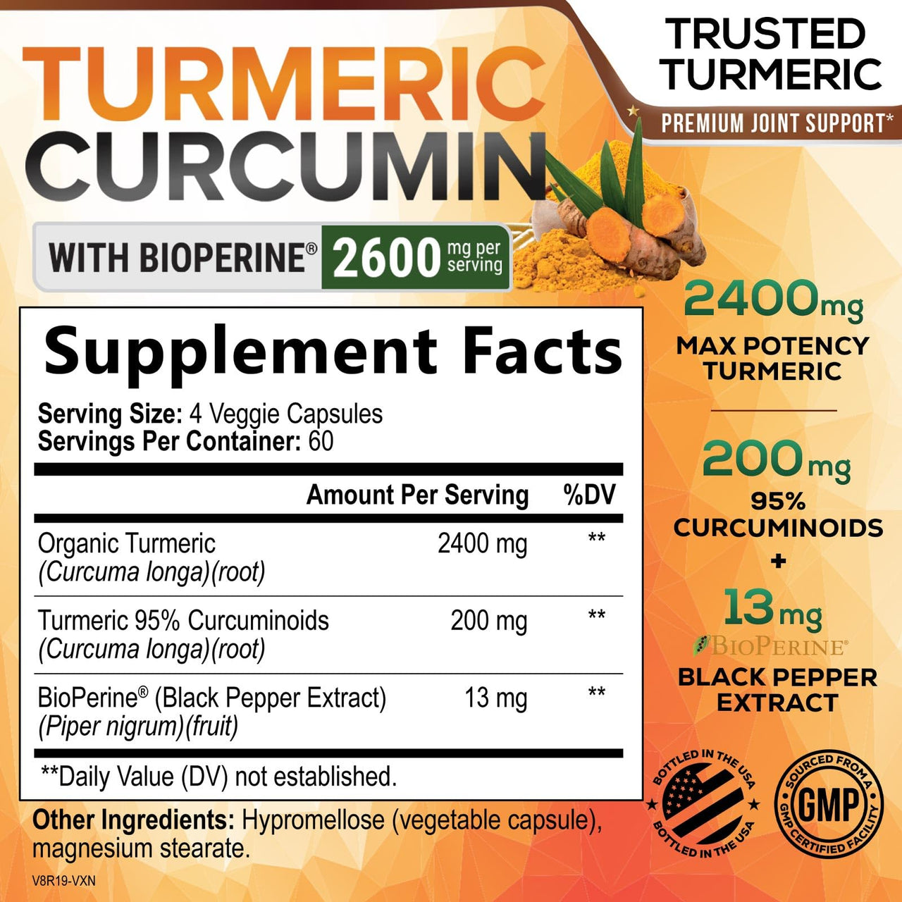 Turmeric Curcumin Supplement - 2400mg Organic Turmeric Per Serving - 95% Curcuminoids & BioPerine Black Pepper Extract for Best Absorption - Natural Vegan Joint Support, Bottled in USA - 240 Capsules