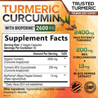 Thumbnail for Turmeric Curcumin Supplement - 2400mg Organic Turmeric Per Serving - 95% Curcuminoids & BioPerine Black Pepper Extract for Best Absorption - Natural Vegan Joint Support, Bottled in USA - 240 Capsules