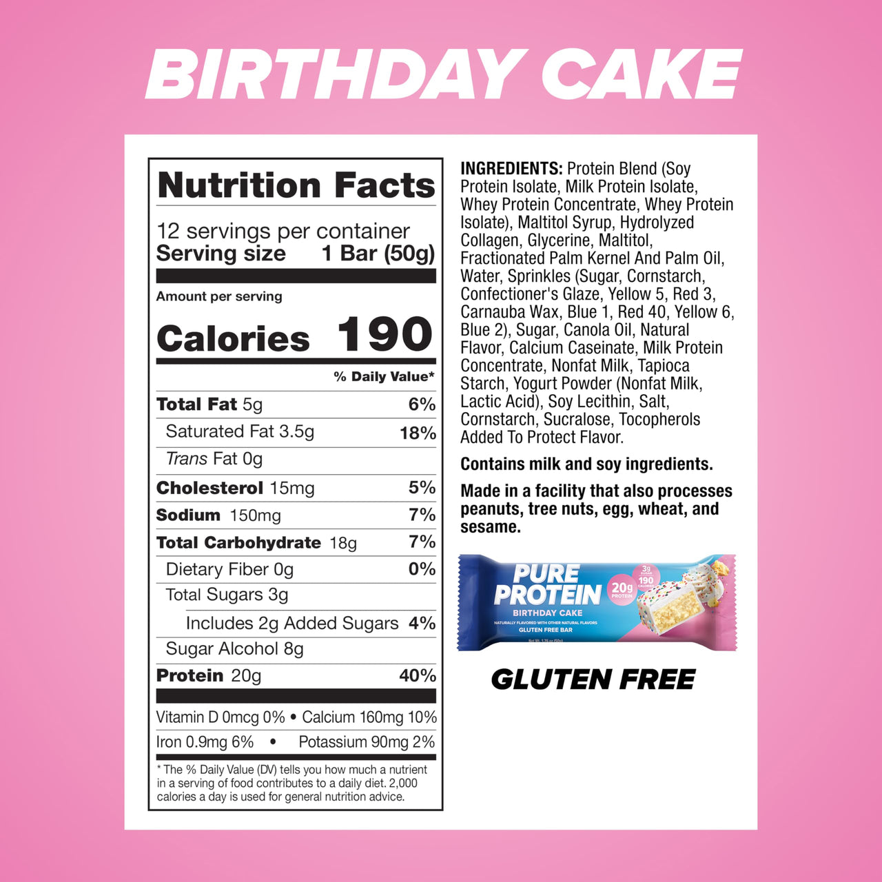 Pure Protein Birthday Cake Protein Bars – 20g Protein, 3g Sugar, 190 Calories (12 count) Low Sugar* High Protein Snack - Gluten Free - Perfect for a Healthy Snack