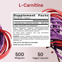 Thumbnail for Jarrow Formulas® L-Carnitine 500 mg, Dietary Supplement, Support for Cellular Energy Production, 50 Veggie Capsules, 50 Day Supply