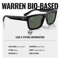 Thumbnail for Ray-Ban RB4396 WARREN BIO-BASED Rectangle Shaped Non-Polarized Sunglasses for Men & Women – Includes Official RAYBAN Eyewear Kit – Ideal Formal & Casual Wear Sunglasses – Dark Green Lens