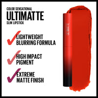 Thumbnail for Maybelline Color Sensational Ultimatte Matte Lipstick, Non-Drying, Intense Color Pigment, More Scarlet, Scarlet Red, 1 Count