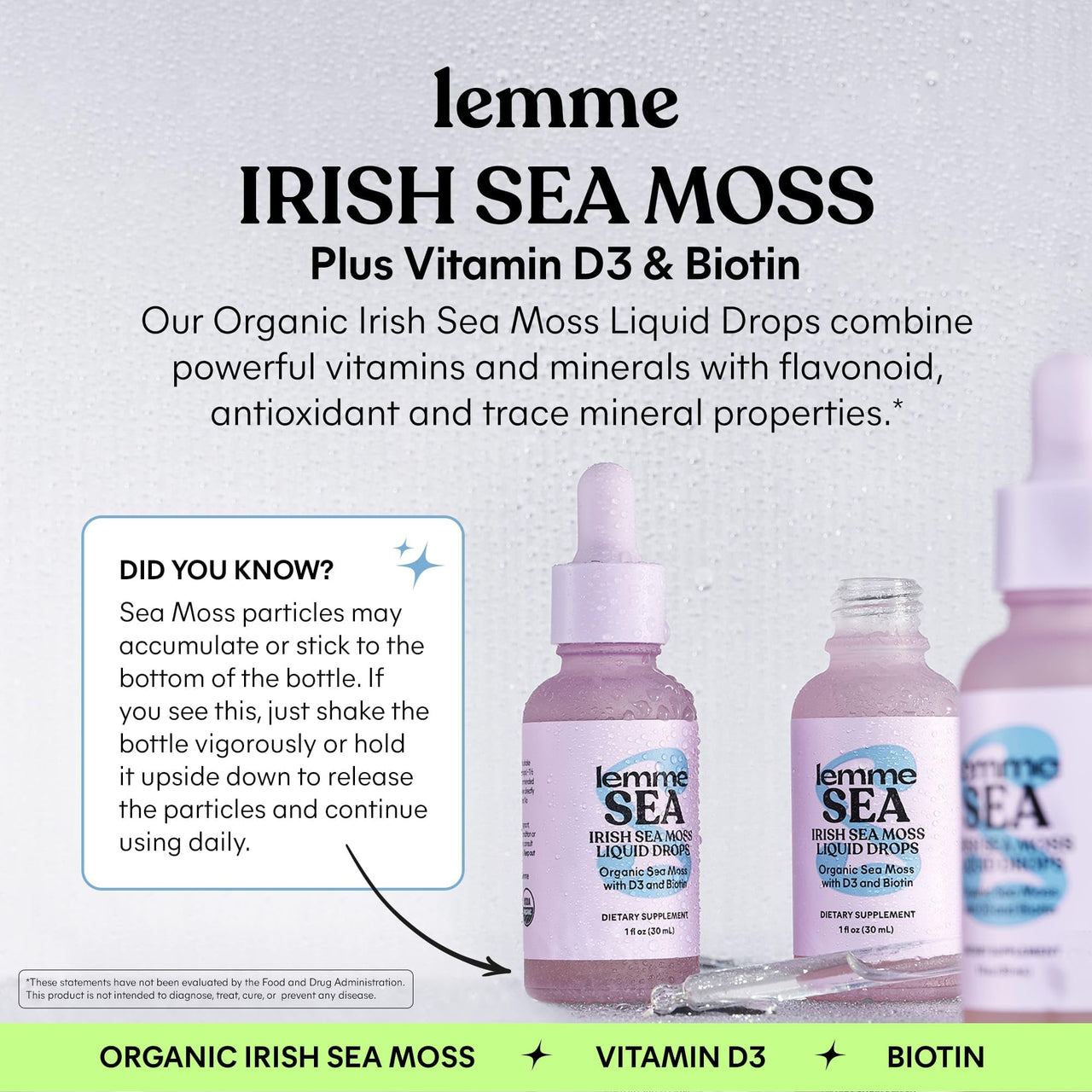 Lemme Irish Sea Moss Organic Liquid Drops with Vitamin D3 and Biotin for Trace Mineral Support, Immunity, Hair, Skin & Nails, Brain Health - Gluten & Sugar Free, Non GMO, 1 oz, 30 Servings