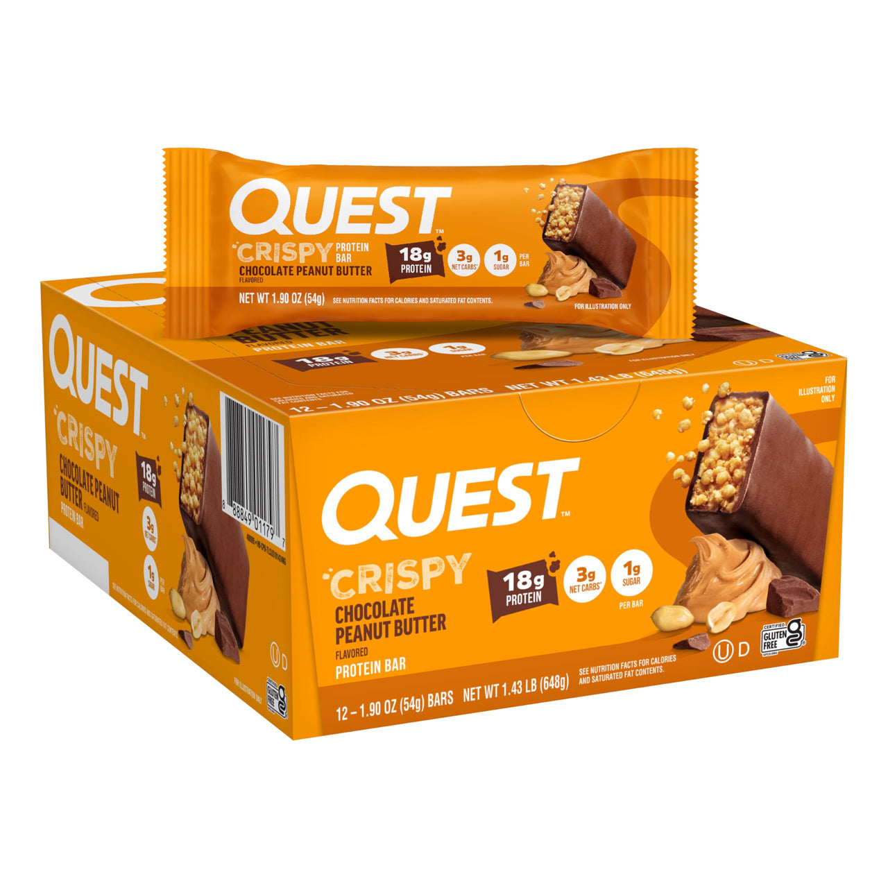 Quest Nutrition Crispy Chocolate Peanut Butter Hero Protein Bar, 18g Protein, 1g Sugar, 3g Net Carb, Gluten Free Protein Snack, Keto Friendly, 12 Count
