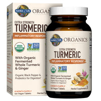 Thumbnail for Garden of Life Organics Extra Strength Turmeric Inflammatory Response 120 Tablets-100Mg Curcumin (95% Curcuminoids) Black Pepper, Probiotics, Organic Non-GMO Vegan Gluten Free Herbal Supplement