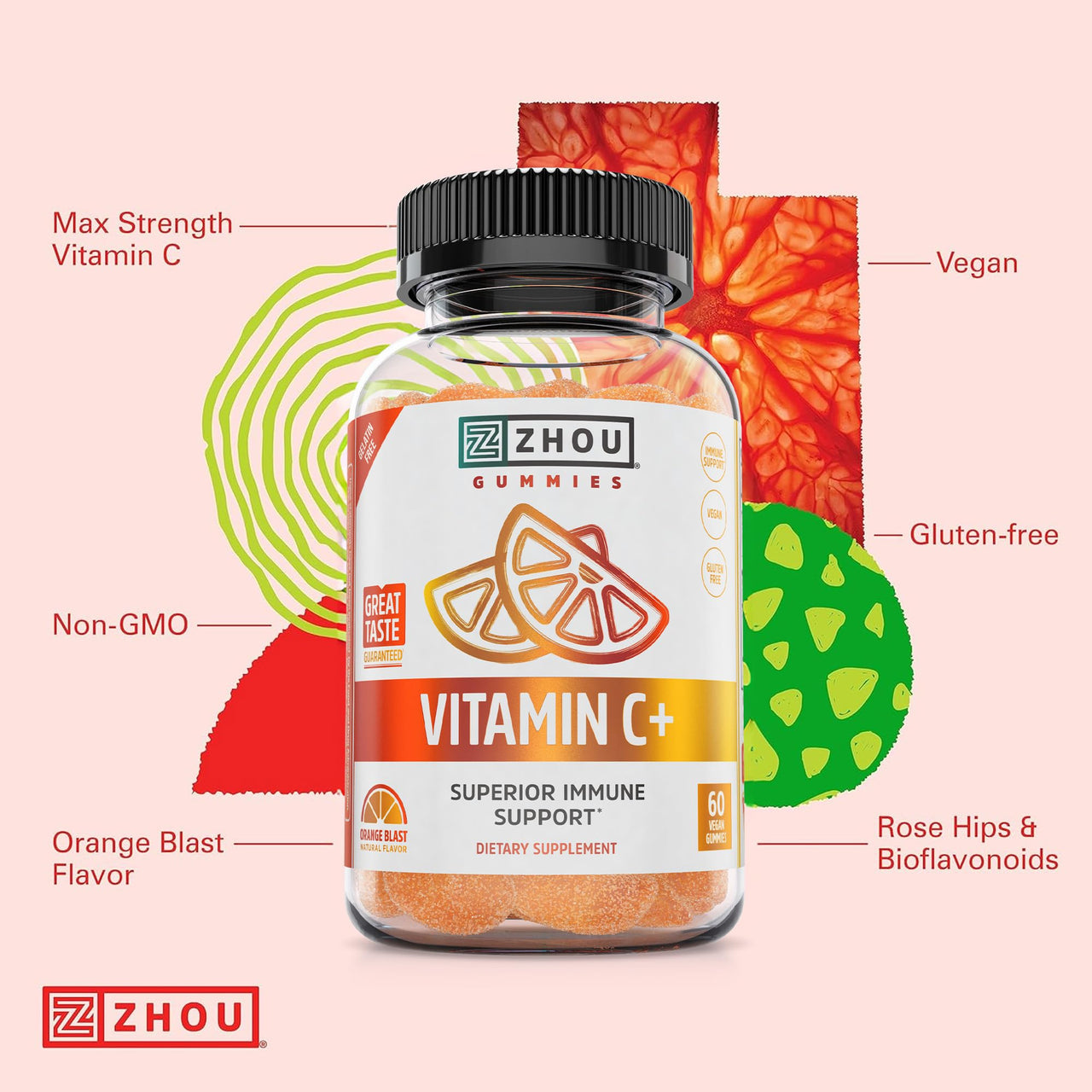 Zhou Vitamin C+ Gummies - Vitamin C Gummies for Adults and Kids, 270 mg per Gummy with Bioflavinoids and Acerola for Immune Support - 60 Vegan Gummies