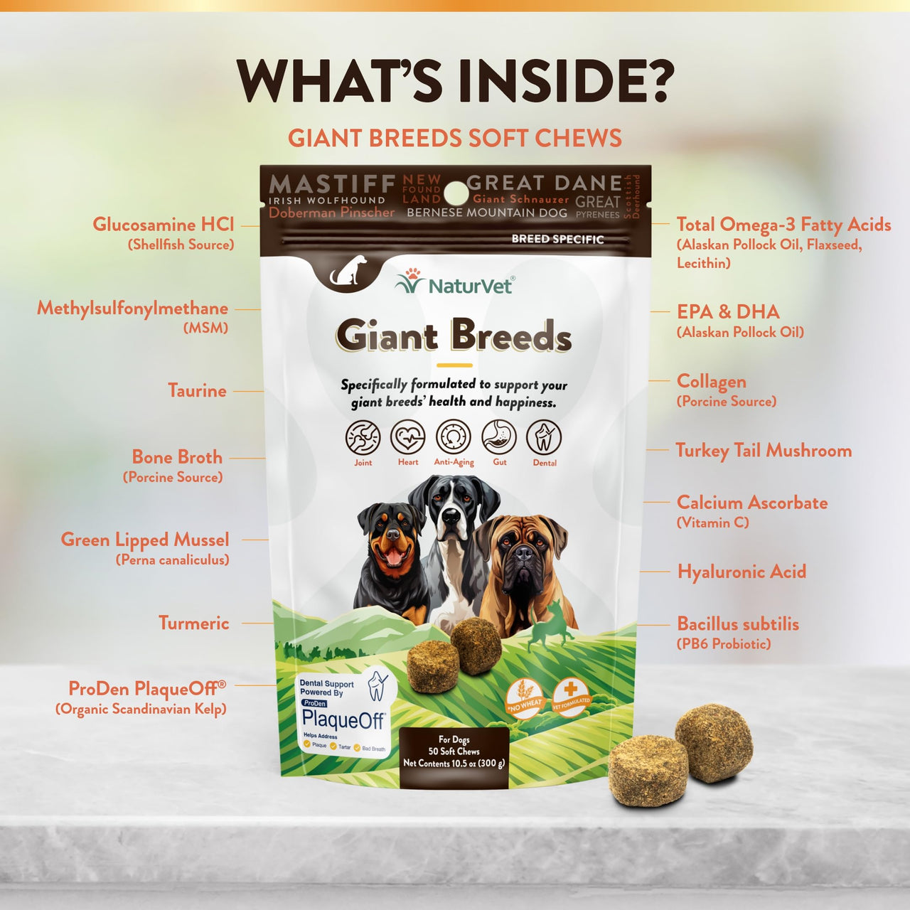 NaturVet Giant Breeds Supplement- for Joint Support, Digestion, Skin, Coat Care- Dog Multivitamins with Minerals, Omega-3, PlaqueOff- Wheat-Free Vitamins for Dogs- Giant Breeds- 50 Soft Chews