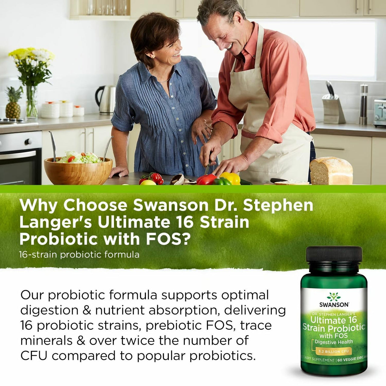Swanson Dr. Stephen Langer's Formula - Natural Probiotic w/ Prebiotic FOS - 16-Strain Supplement Promoting Digestive Support w/ 3.2 Billion CFU per Capsule - (60 Veggie Capsules) 4 Pack