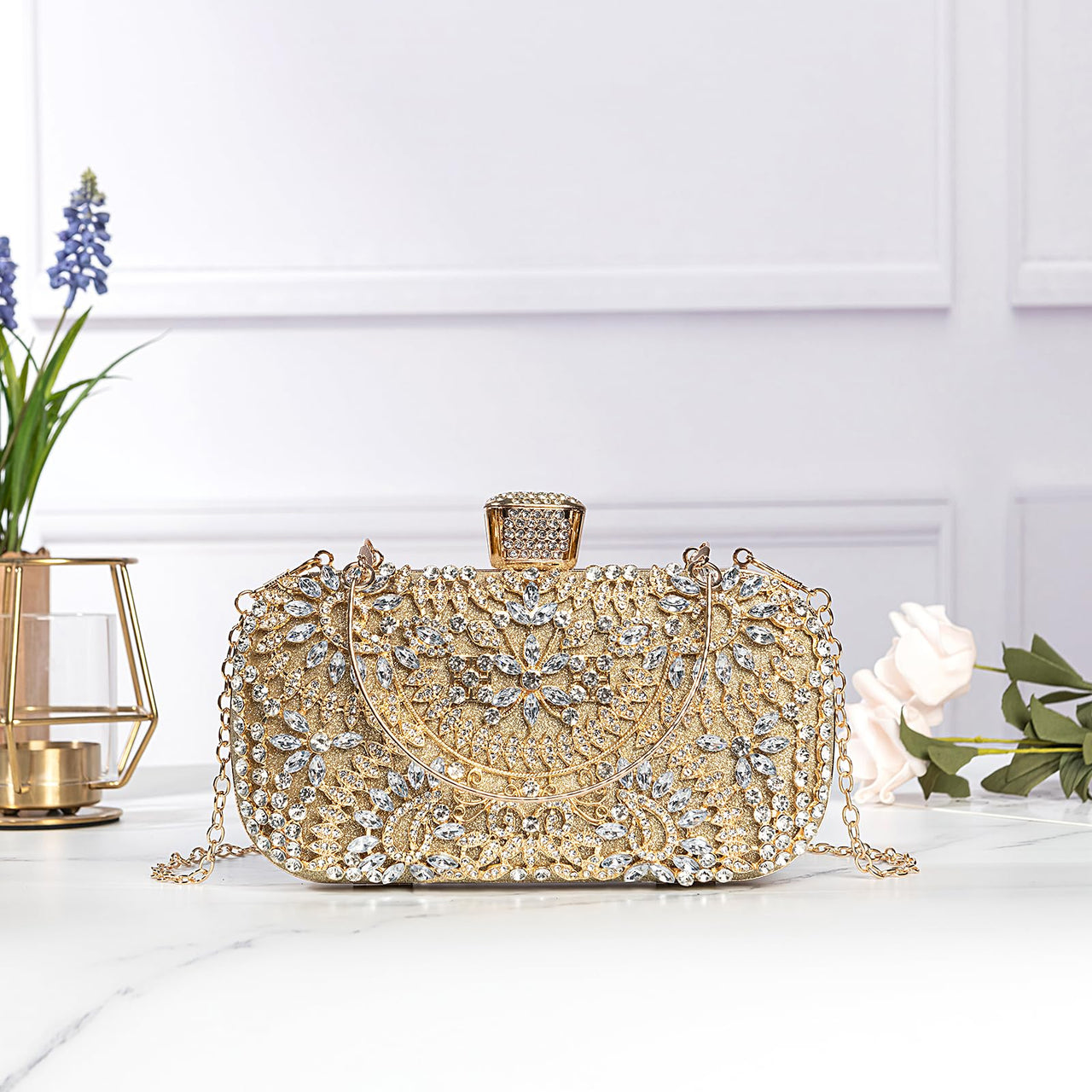 Covelin Women's Rhinestone Decorated Evening Bag, Tote Shoulder Crossbody Handbag with Chain Champagne