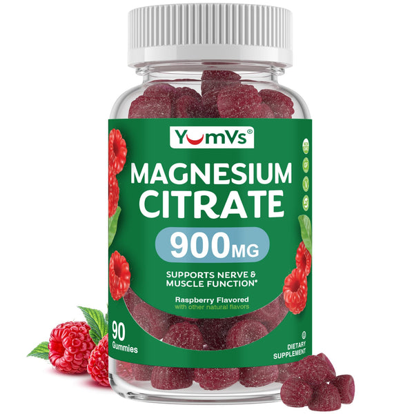 YUM-V'S Magnesium Citrate Gummies â€“ 900mg Highly Absorbable Magnesium Gummies for Women & Men to Support Nerve, Muscle & Enzyme Function â€“ Gluten-Free, Kosher & Raspberry Flavor (90 Count)