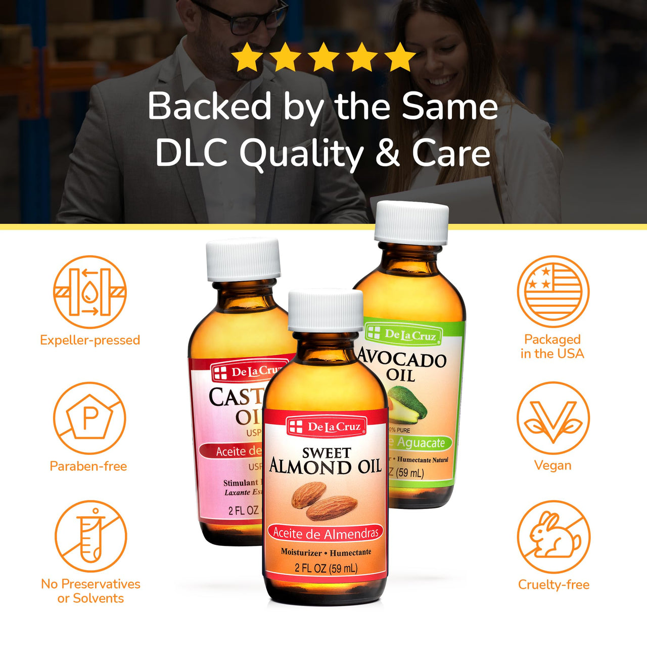 De La Cruz Sweet Almond, Castor and Avocado Oils Bundle - Expeller-Pressed Pure and Natural Oils for Hair and Skin - 3 Bottles - 2 Fl OZ Each