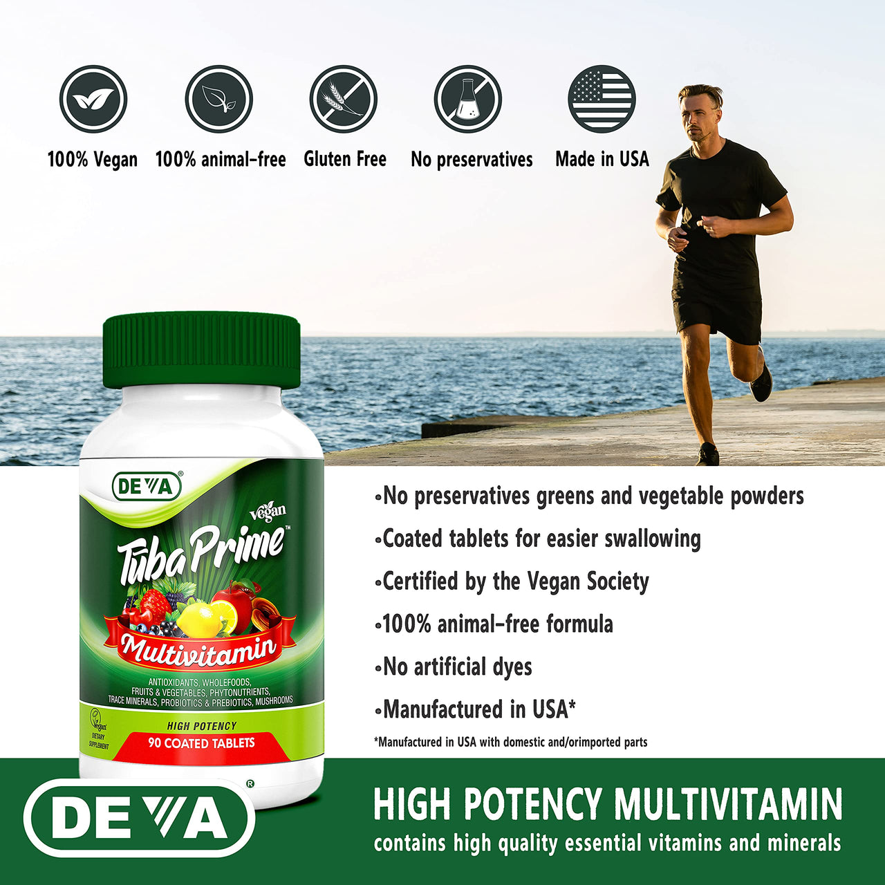 DEVA Tuba Prime Vegan Multivitamin Iron-Free - High-Potency Vitamin & Mineral Dietary Supplement - Antioxidants, Fruit & Vegetable Blend, Super Mushrooms, Probiotics, Prebiotics, Seeds, Herbs 90 Tabs