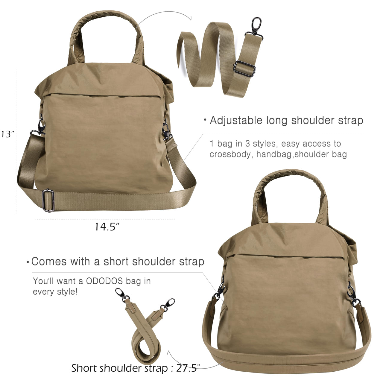 ODODOS 19L Multi Hobo Bags 2.0 with 2 Straps for Women, Totes Handbags, Crossbody Shoulder Bags, Brown