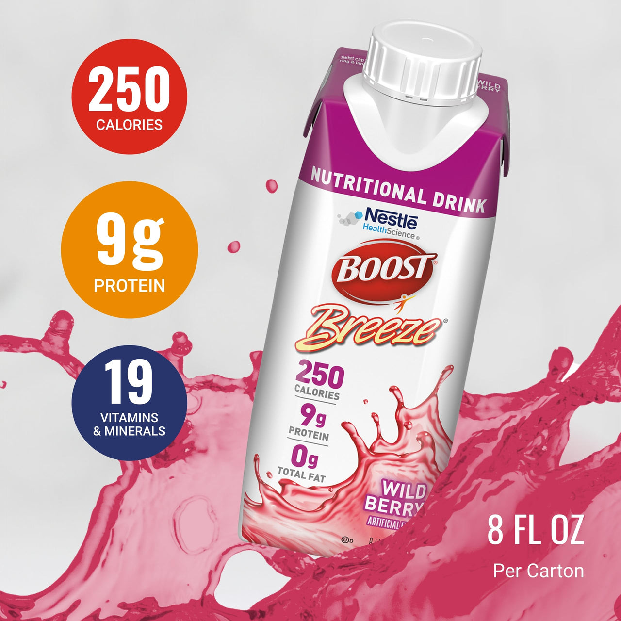 BOOST Breeze Clear Nutritional Drink - 250 Calories - 19 Vitamins & Minerals - 9 g Protein – Fortified with Vitamin A & Zinc - Wild Berry Flavor - 8 fl oz (Pack of 24)