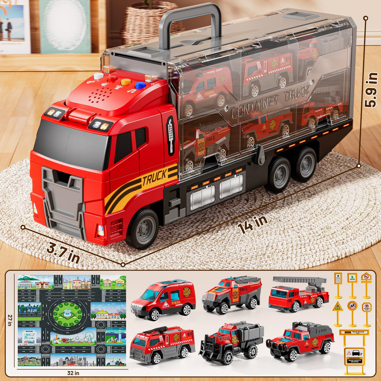 XINNOVEL Carrier Truck Toddlers Toys for 3 4 5 6 7 Years Old Boys, Toy Truck Transport Car & Die-Cast Car and Play Mat, Fire Toys Birthday Gifts for Kids 3 4 5 6 7 8+ Years Old Boys Girls