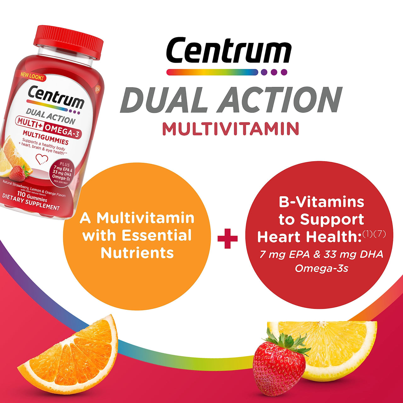 Centrum MultiGummies Multi+ Omega 3 Dual Action, Adult Multivitamin, Multivitamin/Multimineral/Omega 3 Supplement, Strawberry/Lemon/Orange Flavors - 110 Count (Pack of 5)