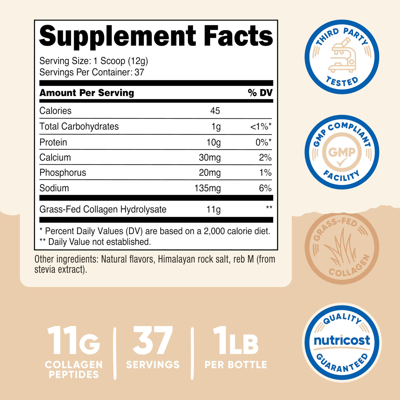 Nutricost Collagen Peptides Powder 1LB (454 G) (Vanilla) - Grass Fed Bovine Collagen Hydrolysate