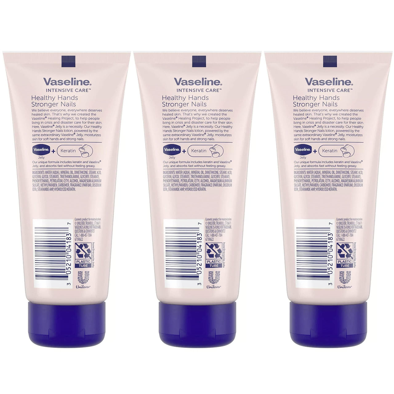 Vaseline Lotion, Healthy Hands Stronger Nails with Keratin 3-Pack – Intensive Care Hand Lotion with Petroleum Jelly, 3.4 Oz Ea