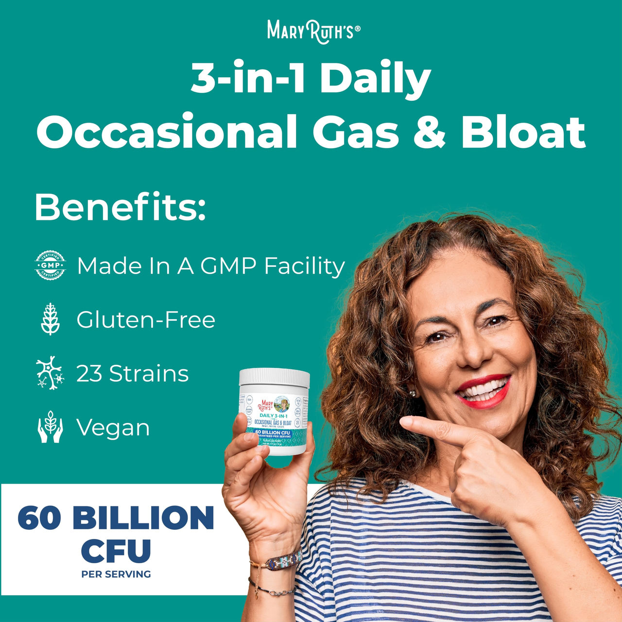 MARYRUTH'S 3-in-1 Gas & Bloat Probiotic Powder | Probiotics for Normal Digestive Function | Probiotics for Women & Men | Prebiotics & Postbiotics | 60 Billion CFU | 23 Unique Strains | 0.5 oz