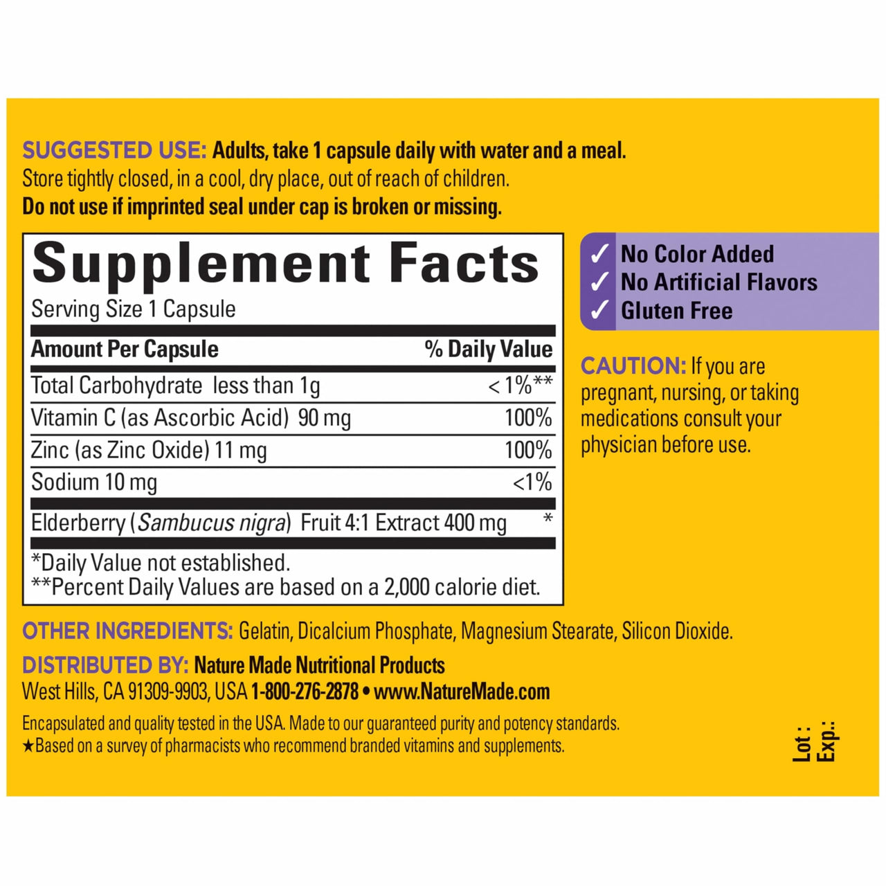 Nature Made Elderberry, Vitamin C and Zinc Capsules, 400 mg Elderberry Extract, Dietary Supplement for Immune Support, 60 Capsules, 60 Day Supply