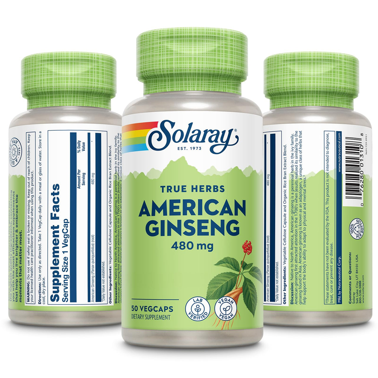 SOLARAY American Ginseng 480 mg | Adaptogenic Herb | Healthy Stress, Energy & Physical Endurance Support | 50 VegCaps