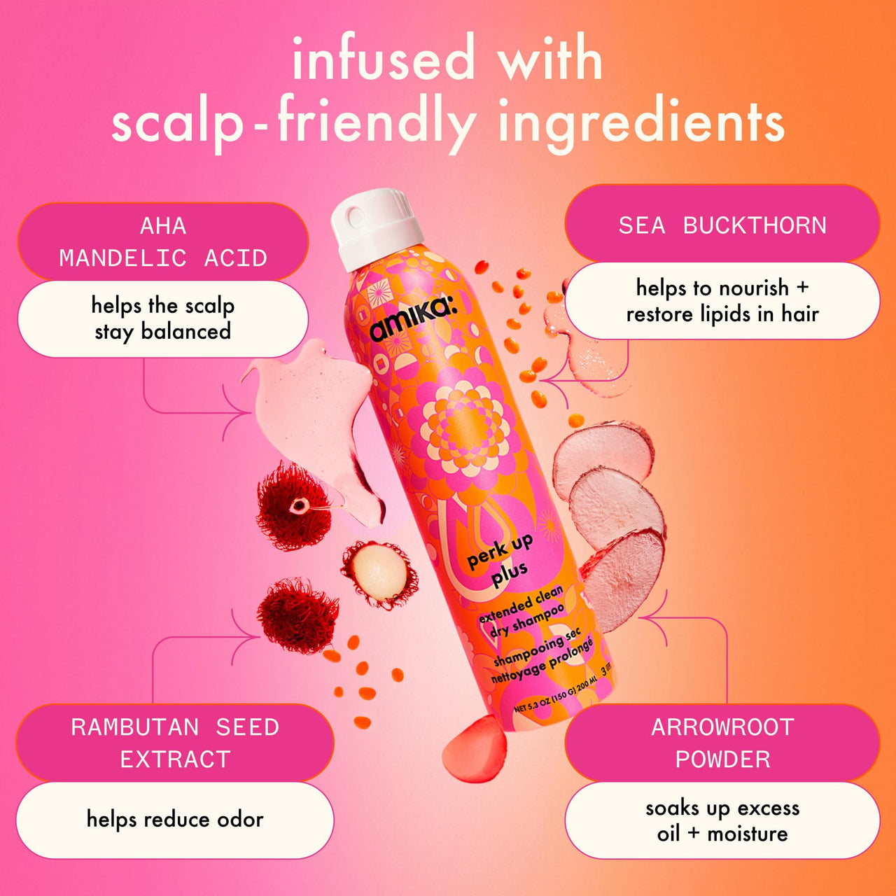 amika perk up plus extended clean dry shampoo, 9.5oz | revitalizes roots + boosts time between washes with no residue or build up | for all hair types
