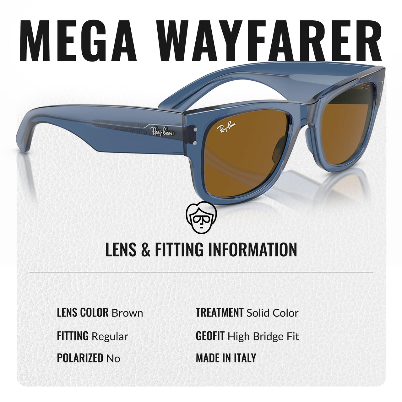Ray-Ban RB0840S MEGA WAYFARER Square Shape Sunglasses With Eyewear Kit Bundle - High Bridge Fit - Ideal Formal and Casual Wear Square Sunglasses