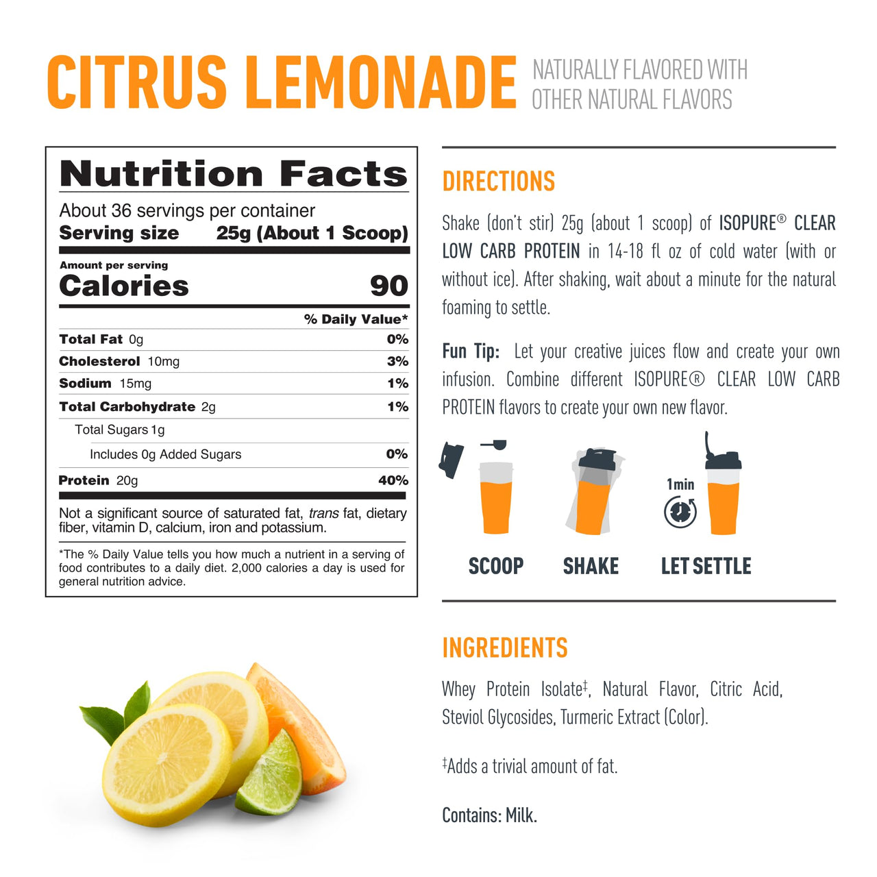 Isopure Clear Whey Isolate Protein Powder Infusions, Lactose Free, Gluten Free, Naturally Flavored, Citrus Lemonade, 20g Protein Per Serving, 1.9 Lb, 36 Servings