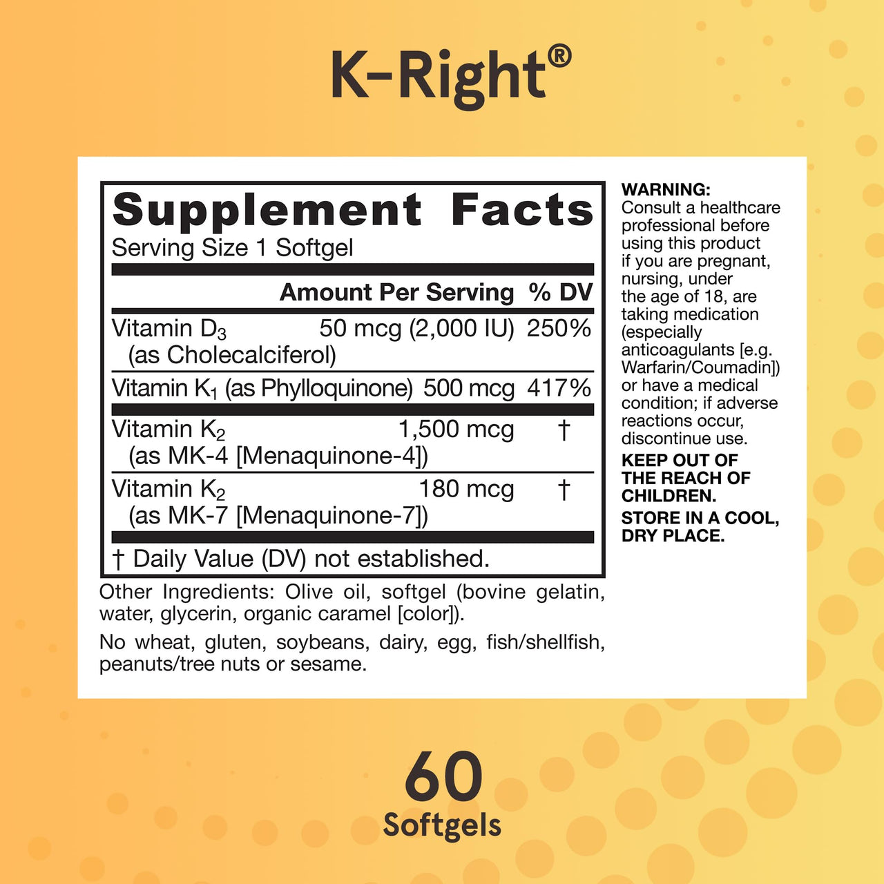 Jarrow Formulas K-Right - Vitamin K-Complex (K1, MK-4, MK-7, D3) - 60 Servings (Softgels) - Dietary Supplement for Bone & Cardiovascular Health Support - Vitamin K2 MK-7 - Gluten Free