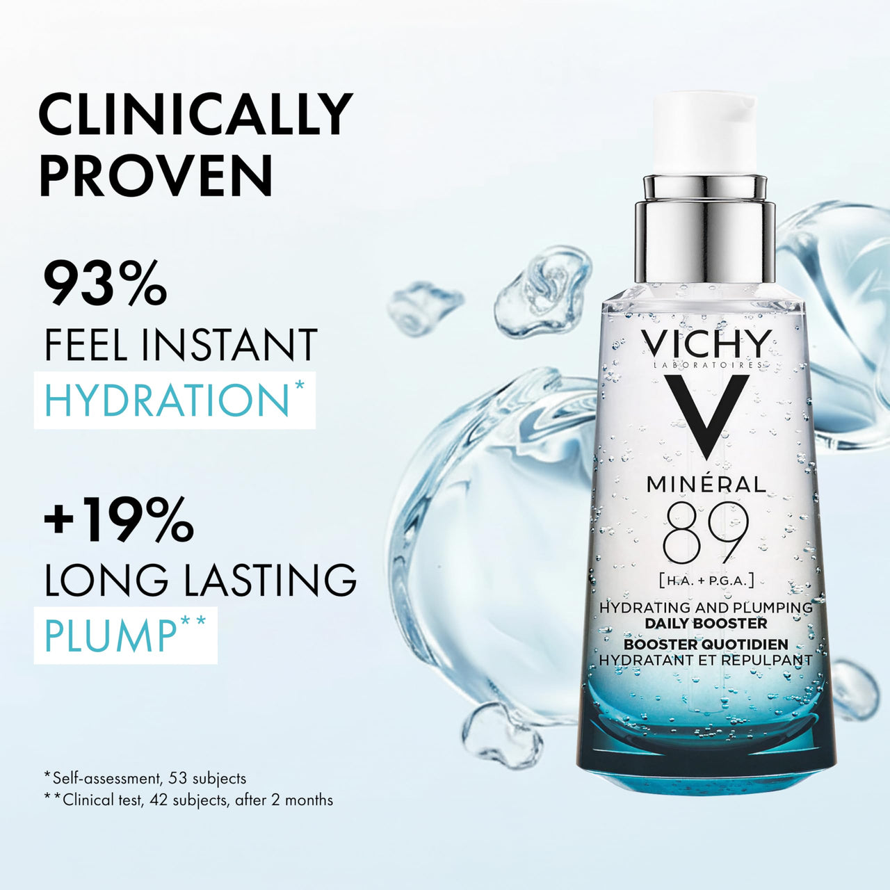 Vichy Mineral 89 Booster, Pure Hyaluronic Acid Serum for Face with Polyglutamic Acid for Skin Barrier Repair, Plumps & Hydrates, Lightweight Hydrating Serum, Oil-Free, Non-Sticky, 2.53 Fl Oz