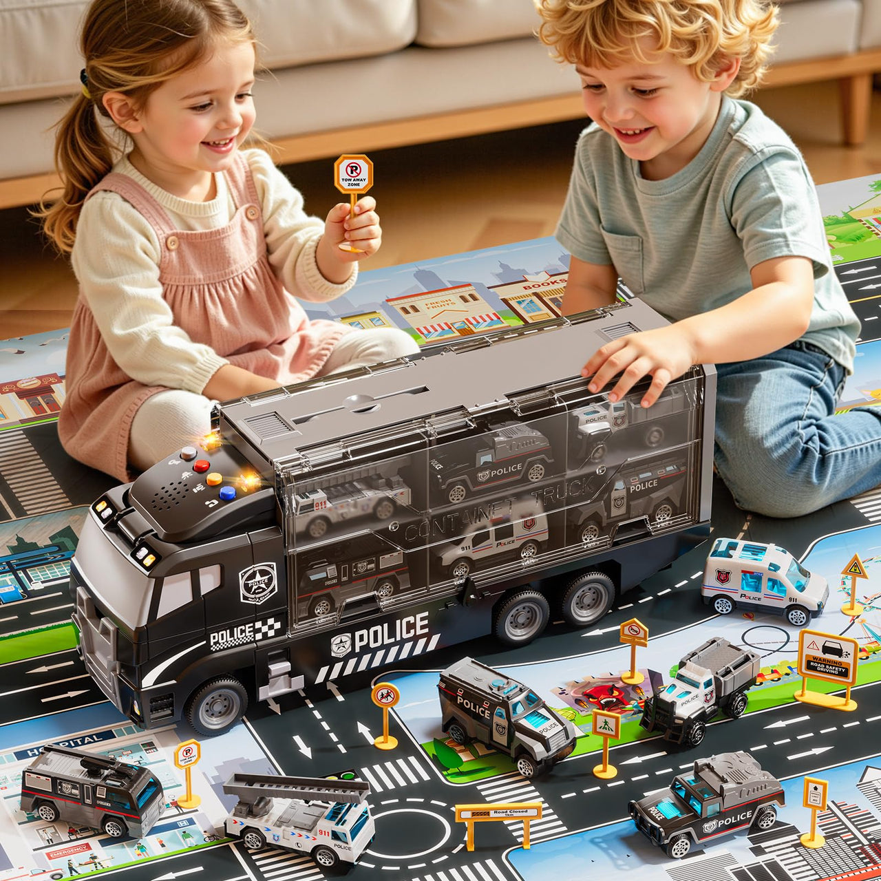 XINNOVEL Carrier Truck Toddlers Toys for 3 4 5 6 7 Years Old Boys, Toy Truck Transport Car & Die-Cast Car and Play Mat, Police Car Toys Birthday Gifts for Kids 3 4 5 6 7 8+ Years Old Boys Girls