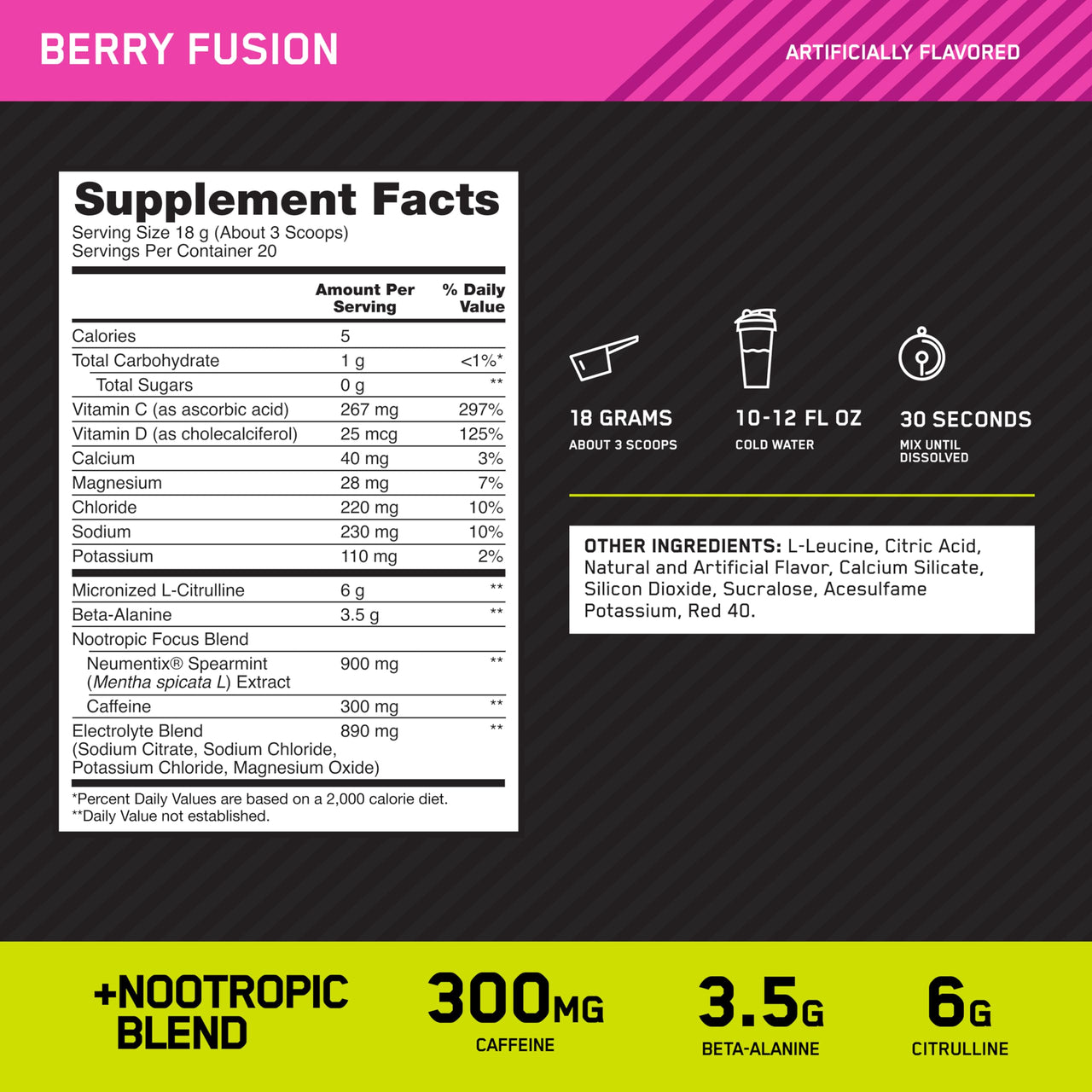 Optimum Nutrition Amped Pre-Workout, with Citrulline, Beta-Alanine, Nootropics and 300mg of Caffeine for Energy, Berry Fusion, 20 Servings (Packaging May Vary)