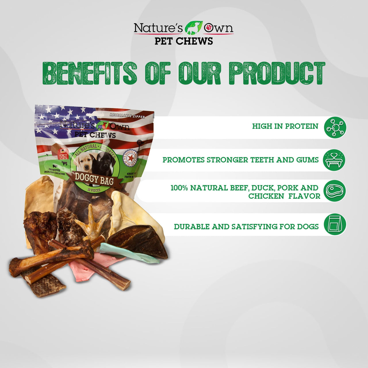 Nature's Own Pet Chews Doggy Bag Treat, 12 Piece - Nature's Own Healthy Pet Chews - Great for Teeth & Gums - Natural Protein Full of Vitamins & Minerals