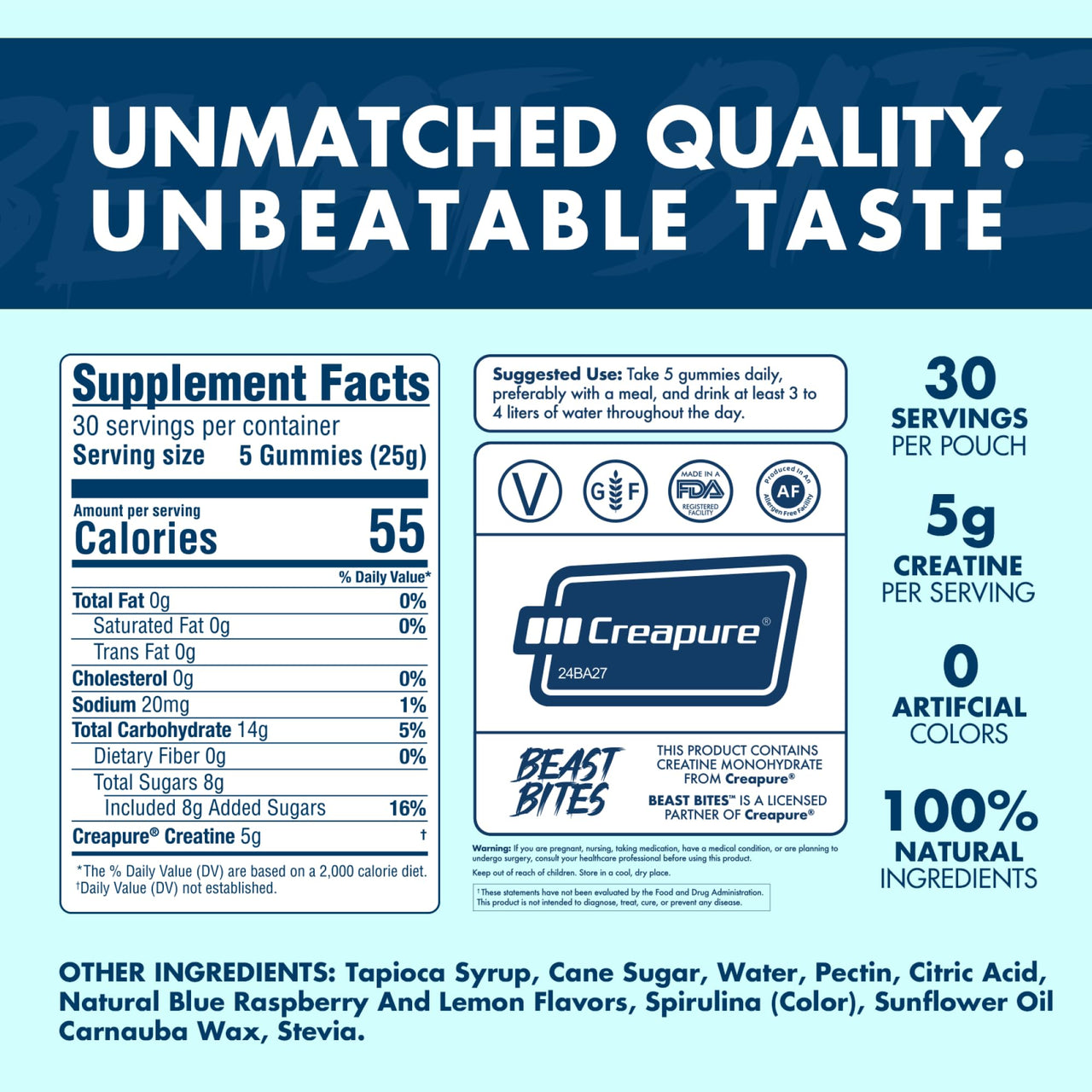 BEAST BITES - Creatine Infused Gummies - 5g Creapure Creatine Monohydrate Per Serving - NSF Certified for Sport - 30 Servings (Blue Raspberry)