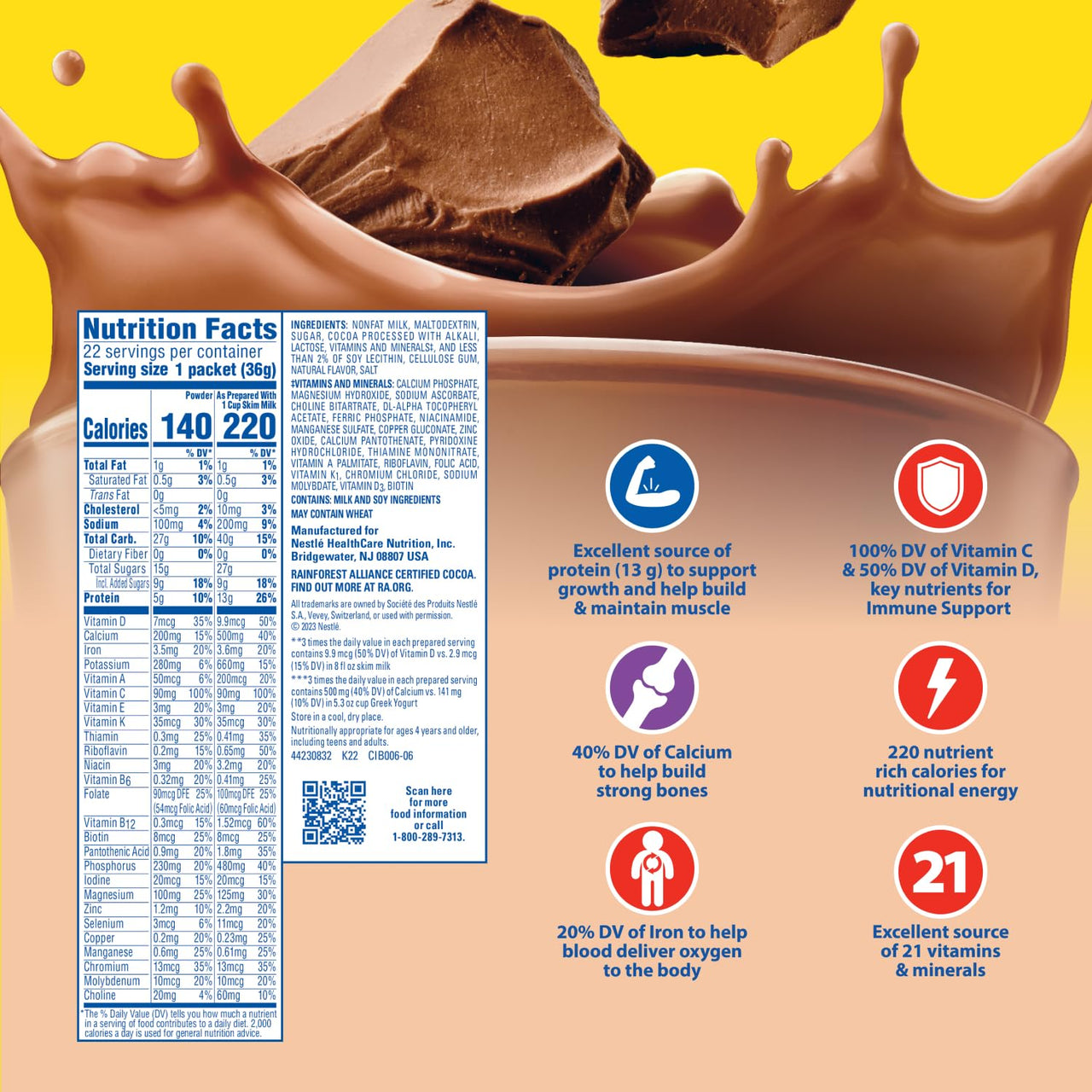 Carnation Breakfast Essentials Powder Drink Mix, Rich Milk Chocolate, 22 Count Box of 1.26 Ounce Packets