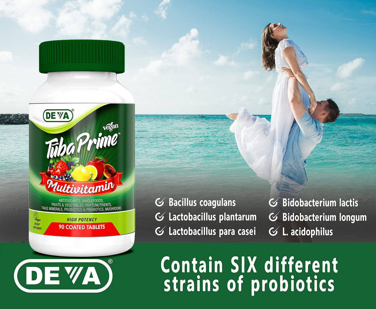 DEVA Tuba Prime Vegan Multivitamin Iron-Free - High-Potency Vitamin & Mineral Dietary Supplement - Antioxidants, Fruit & Vegetable Blend, Super Mushrooms, Probiotics, Prebiotics, Seeds, Herbs 90 Tabs