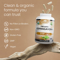 Thumbnail for NaturaLife Labs Organic Ashwagandha 2100 mg per Serving – Herbal Supplement Root Powder & Extract – 100 Capsules – Vegan, Non-GMO, Gluten-Free