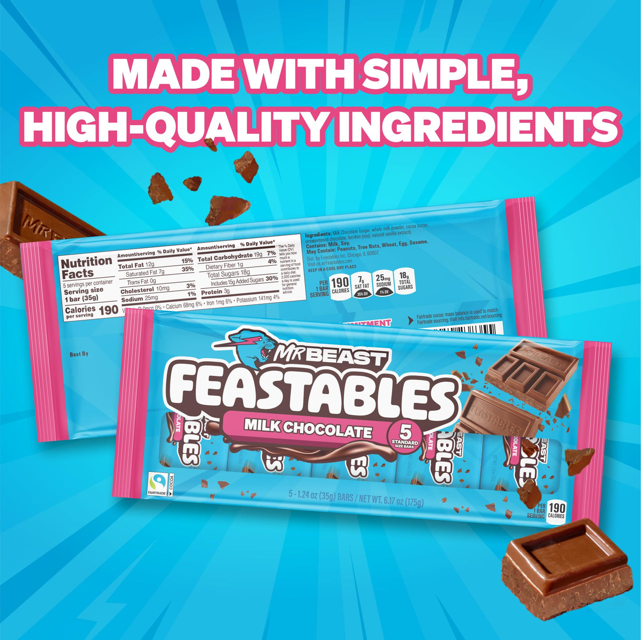 MrBeast Feastables Milk Chocolate Bar, Full Size, 5 Count, Smooth & Creamy Milk Chocolate Candy, Fairtrade Cocoa, 1.24oz Each