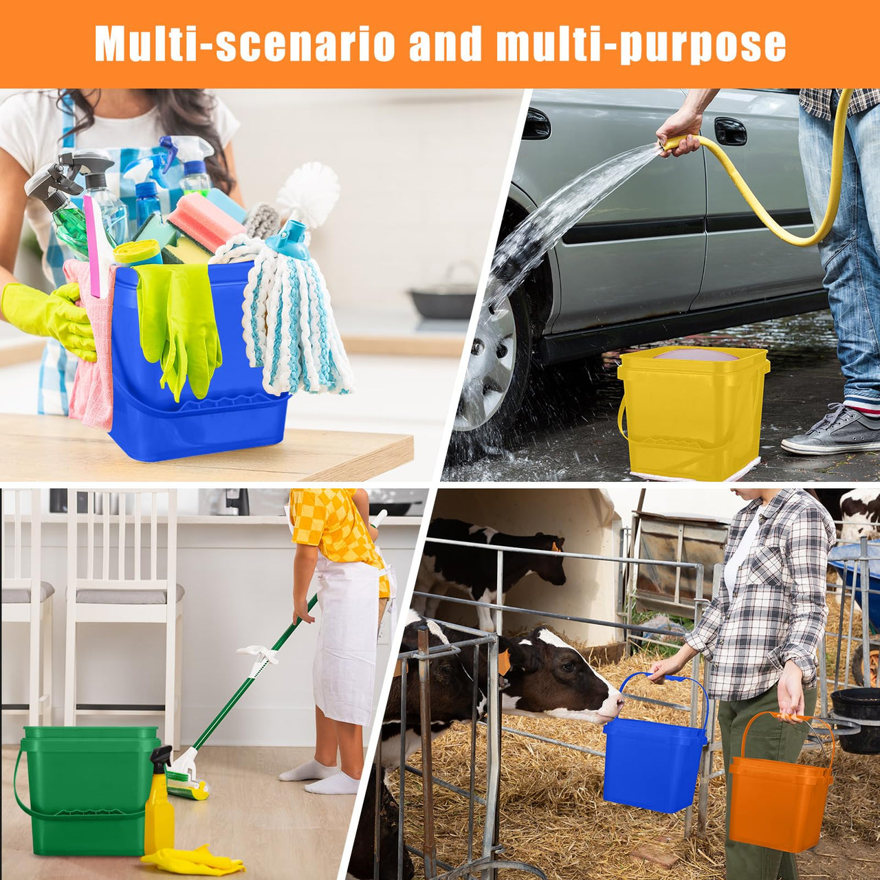 Mifoci 4 Pcs Plastic Bucket 5 Quart Square Cleaning Bucket Utility Small Pail with Handle for House Cleaning Storage Livestock Feeding Car Washing (Yellow,Blue,Green,Orange)