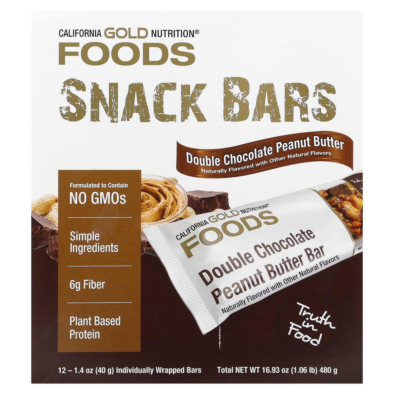 California Gold Nutrition Foods, Double Chocolate Peanut Butter Flavor Bars, 12 Bars, 1.4 oz (40 g) Each