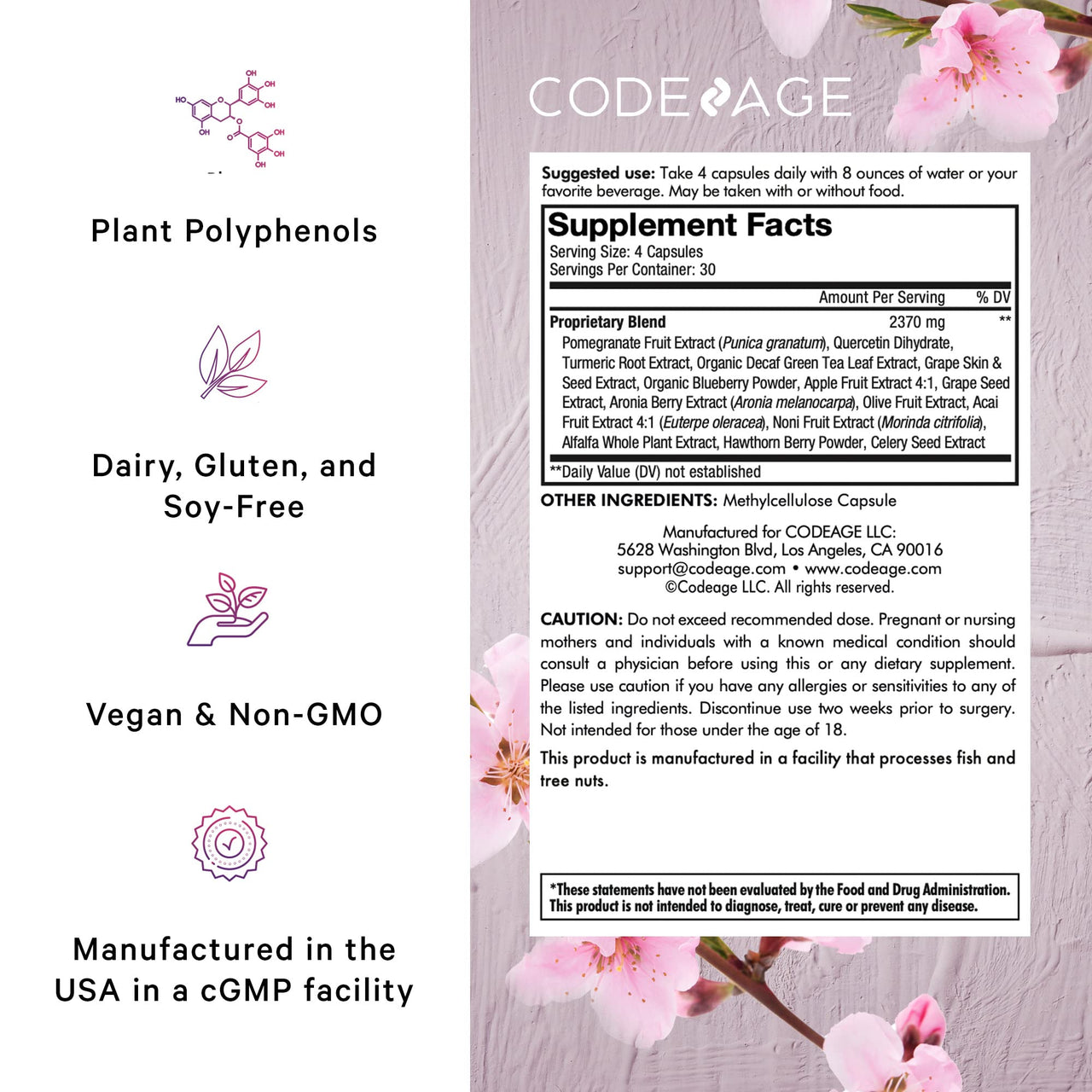 Codeage Polyphenols Supplement - Organic Green Tea Pills, Quercetin, Pomegranate, Turmeric - Resveratrol & Plant Polyphenols Foods - Polyphenol Nutrients - Vegan, Non-GMO - 2 Pack