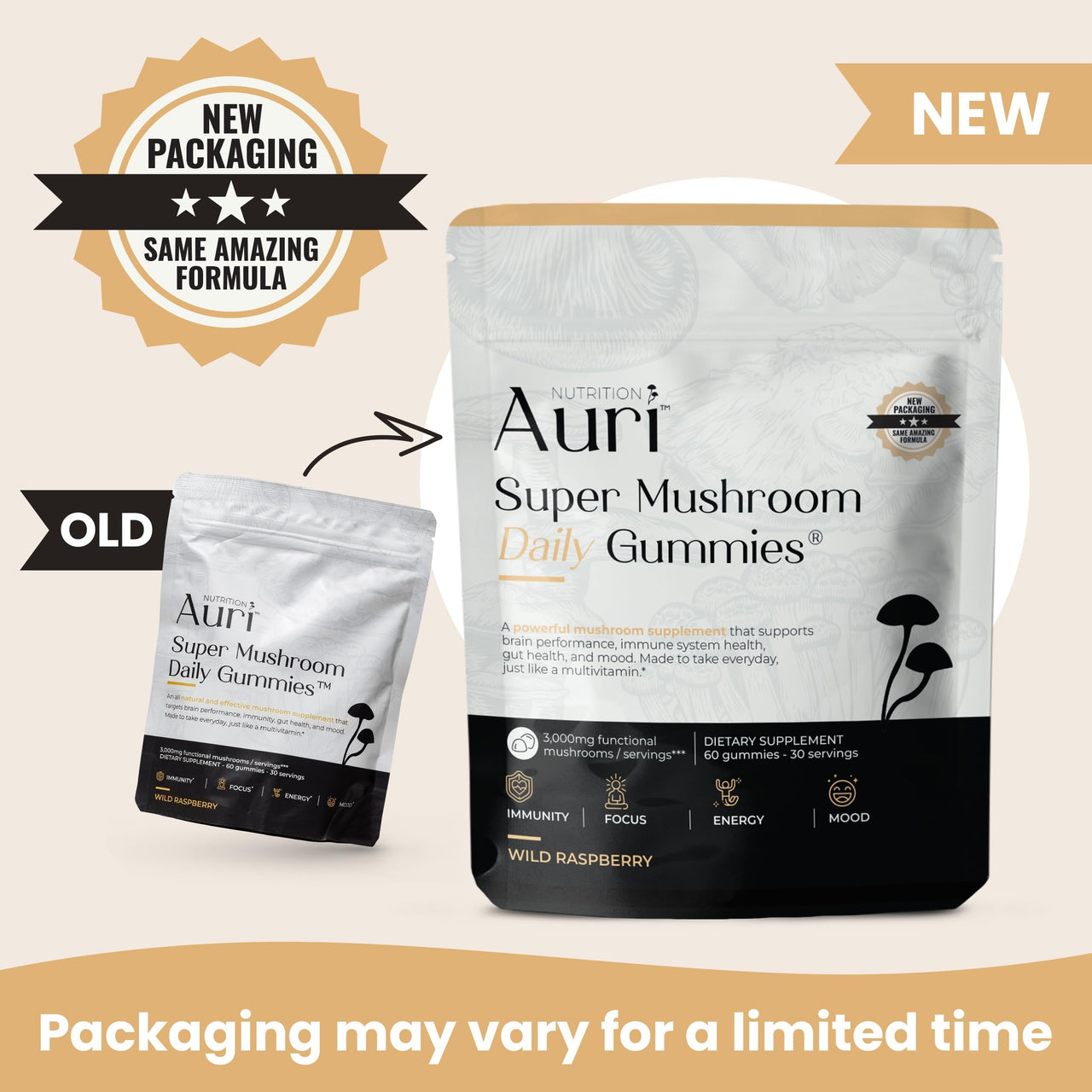 Auri Nutrition Super Mushroom Daily Gummies – All-in-One Functional Gummy with 12 Mushroom Blend Including Lion’s Mane, Reishi, Chaga & Cordyceps – 60 Gummies