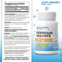 Thumbnail for Puregen Labs Ferrous Sulfate 325 mg (65 mg Elemental Iron) High Potency Iron Supplement | No Artificial Color Additives - 200 Tablets